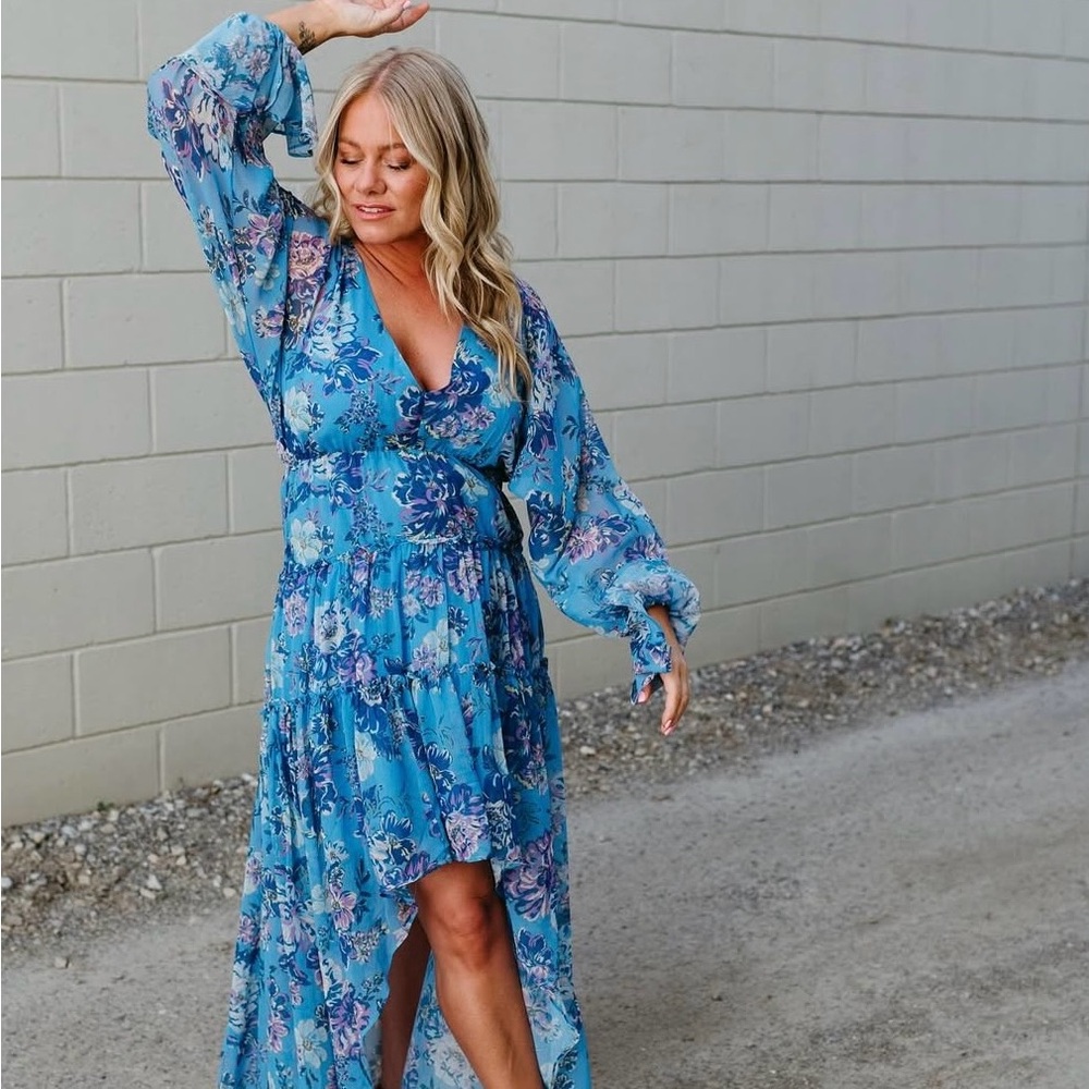 Steve Madden Blue High-Low Wrap Dress with Bishop Sleeves